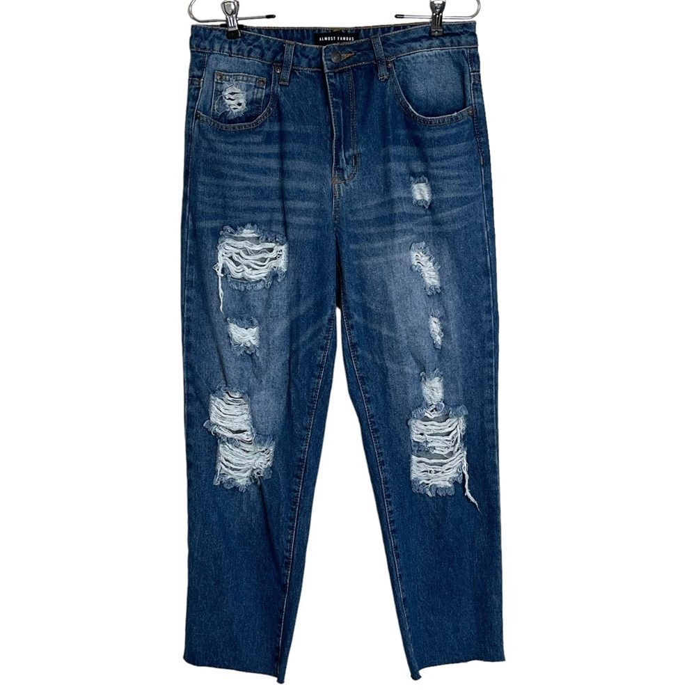 Almost Famous Crop Jeans High Rise Raw Hem Distressed 100% Cotton Denim Size 9